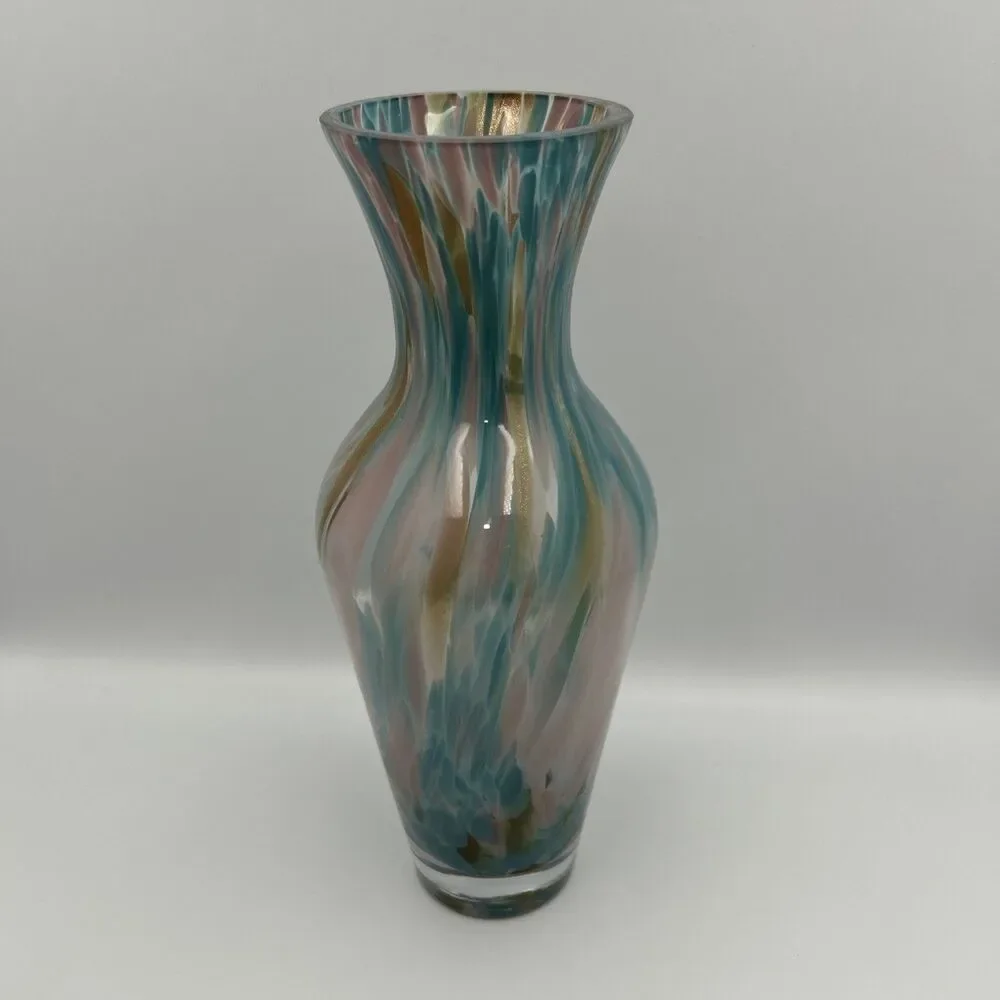 Hand Blown Art Glass Vase Pastel Swirl Gold Aventurine Murano Style 12